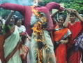 INDE, Hyderabad : des supporters du parti Bharatiya Janata (BJP) participent à une action en soutien de l’auteure Taslima Nasreen alors qu’une effigie du législateur du parti de Majid-Ittehad-ul Muslimeen (MIM), un parti politique régional, brûle à Hyderabad, le 11 août 2007.（攝影:  / 大紀元）  