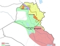 Carte ethno-religieuse de l’Irak avec l’avancée au sud de l’IEEL à la mi-juin, les limites de la région autonome du Kurdistan et les villes citées dans l’article. (Wikimedia/Rafy et Wikimedia/NordNordWest)