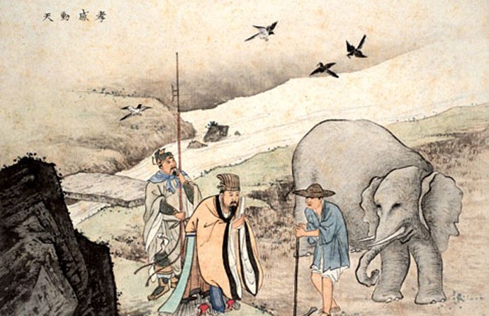 L'empereur Yao saluant le futur empereur Shun, travaillant la terre. (Domaine public)