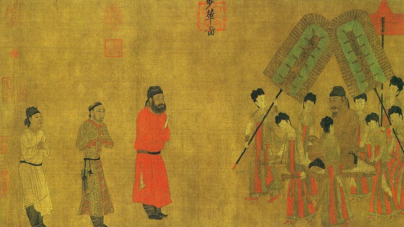 L’empereur Taizong (D. 626-649) reçoit Ludongzan, l'ambassadeur du Tibet, à sa cour; peint en 641 après J.-C. par Yan Liben (600-673).. 