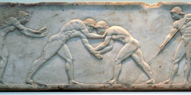 Combat de lutteurs en Grèce antique vers 510 av. J.-C. (Fingalo/wikipédia, CC BY-SA)