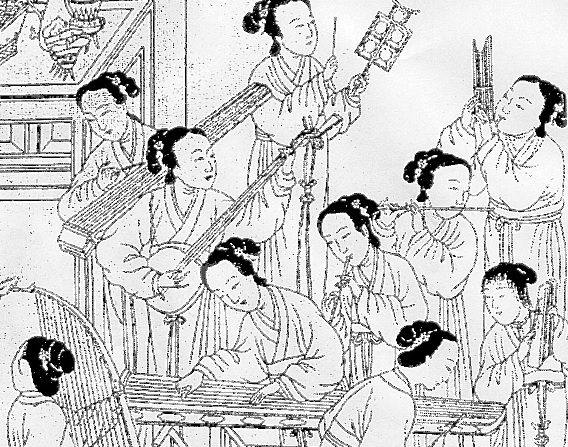 Une ancienne gravure chinoise représentant les femmes de la Cour jouant de la musique. (Image du domaine public)
