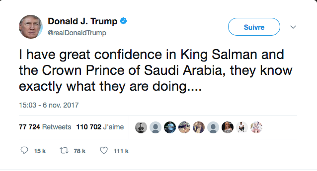 "J'ai entière confiance dans le roi Salmane et le prince héritier d'Arabie saoudite, ils savent exactement ce qu'ils font", a-t-il écrit lundi sur Twitter. "Certains de ceux qu'ils traitent durement 'saignent' leur pays depuis des années!"
Capture d'écran compte Twitter Donald Trump. (R.B)