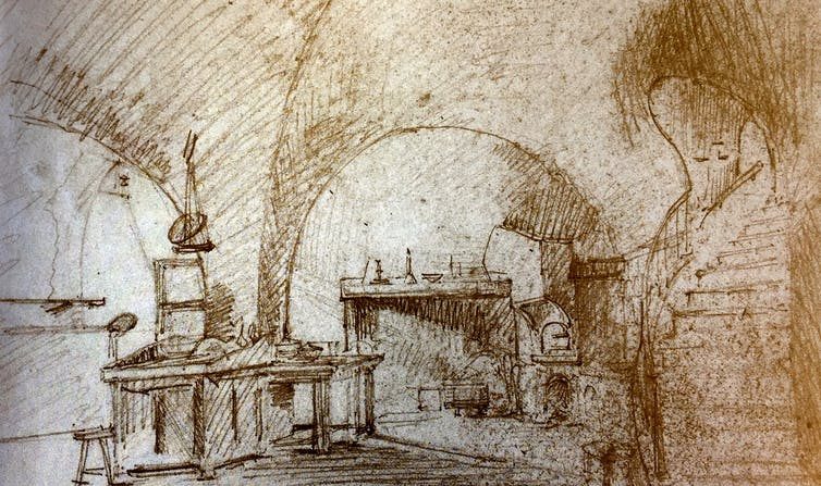 Le laboratoire de Louis Daguerre où fut mis au point le procédé du daguerréotype, rue des Marais-du-Temple à Paris, dessiné par Charles-Marie Bouton, son associé, vers 1824. (Georges Eastman House, Rochester, NY)