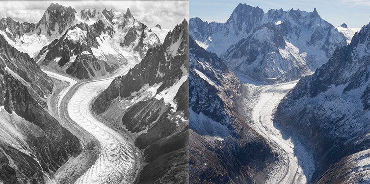 Montage photographique présentant la mer de Glace en 1909 (à gauche) puis en 2017 (à droite).
 (Author provided)