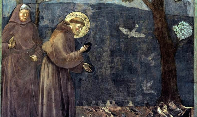 Fresque de Giotto, fin XIIIe siècle, dans la basilique Saint-François d’Assise, qui représente ce dernier en train de prêcher auprès des oiseaux. (détail) (Wikipédia)