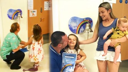 Une enfant de 4 ans sonne la cloche pour clore le traitement du cancer