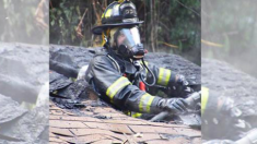 Un pompier en intervention lors d’un incendie de maison passe à l’action lorsque les cris d’un chaton surgissent des décombres