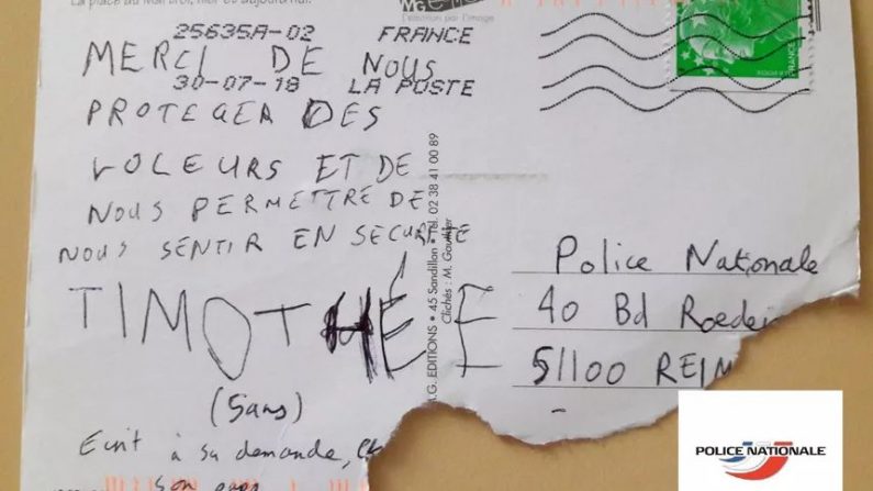 La carte postale (arrivée en très mauvais état) postée sur le compte Twitter de la police de Reims - Police Nationale 51