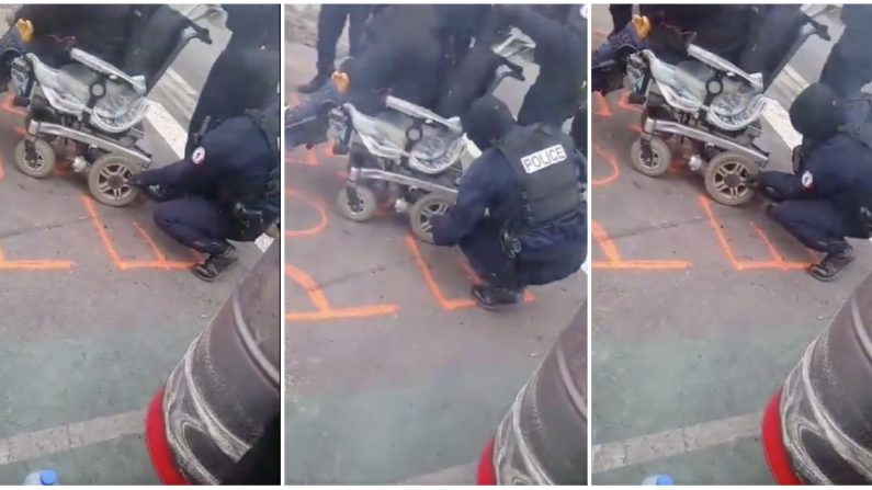 Le 15 décembre, une personne à mobilité réduite stationnée au milieu de la chaussée sur un rond-point de la ville de Bailleul a eu maille à partir avec les forces de l’ordre. Crédit : capture d'écran Twitter.