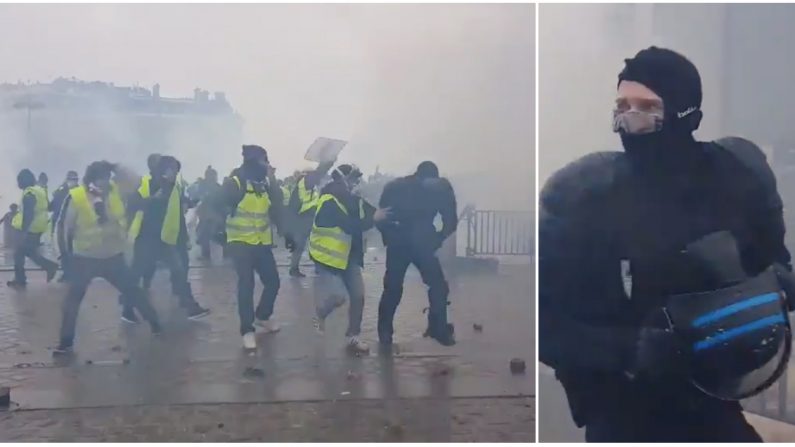Des échauffourées ont éclaté sur l'avenue des Champs-Élysées et plusieurs policiers ont été violemment attaqués le 1er décembre. Crédit : capture d'écran Twitter - @LinePress.