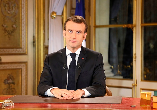 Le Président Emmanuel Macron lors de ses vœux à l'Élysée.  (Photo : LUDOVIC MARIN/AFP/Getty Images)