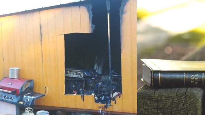 Un homme de Tyler, au Texas, dit que sa bible a été épargnée après qu’un incendie ait détruit sa petite maison et presque tout ce qui s'y trouvait le 28 décembre 2018. (L : GoFundMe/Charles House R : Aaron Burden/Unsplash)
