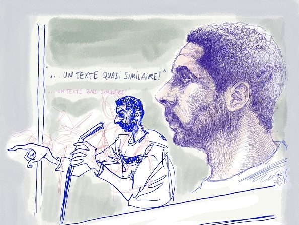 -Ce dessin d'Igor Preys montre l'accusé Mehdi Nemmouche lors d'une session du procès concernant l'attaque terroriste perpétrée au Musée juif de Bruxelles, au Palais de justice de Bruxelles, le vendredi 25 janvier 2019. Photo IGOR PREYS / AFP / Getty Images.