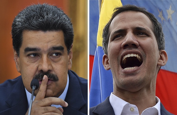 Cette combinaison d'images réalisée le 5 février 2019 montre le président vénézuélien Nicolas Maduro lors d'une conférence de presse au Palais présidentiel de Miraflores à Caracas le 9 janvier 2019 et le président de l'Assemblée nationale du Venezuela Juan Guaido s'adressant à la foule lors d'un rassemblement de l'opposition de masse à Caracas le 23 janvier 2019. (Photo : STF/AFP/Getty Images)