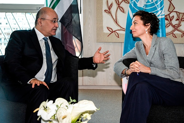 -La directrice générale française de l'UNESCO, Audrey Azoulay, a rencontré le président irakien Barham Saleh le 25 février 2019 au siège de l'Unesco à Paris. Photo de Bertrand GUAY / AFP / Getty Images.