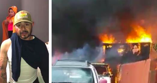 Jose Guzman (G), l'homme qui a sauvé son pit-bull d'une maison en feu, remercie les donateurs de GoFundMe à la suite de l'incident. La maison de Guzman (R) en feu à San Diego, Californie, le 9 mars 2019. (Roxana Martinez/YouTube/GoFundMe)
