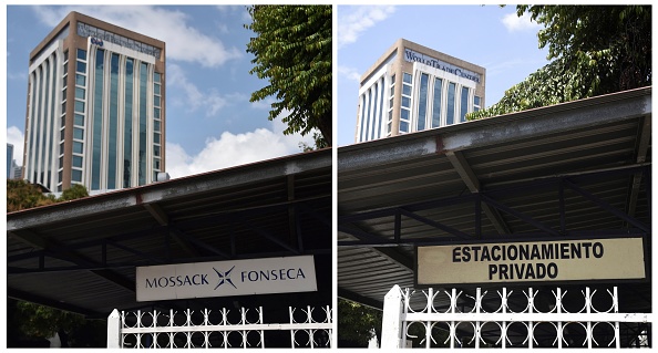 Les bureaux du cabinet d'avocats Mossack Fonseca à Panama le 4 avril 2016 et le 30 mars 2017 à Panama City. Les bureaux du cabinet travaillent toujours dans le même bâtiment, mais l'enseigne l'identifiant a été enlevée. (Photo : RODRIGO ARANGUA/AFP/Getty Images)