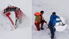 Des hommes repèrent quelque chose qui disparaît sous la neige au passage d’un train et commencent à creuser pour lui sauver la vie