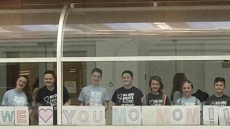 Des enfants interdits d’accès à l’hôpital tiennent une affiche spéciale à l’extérieur de la fenêtre pour leur grand-mère qui se bat contre le cancer