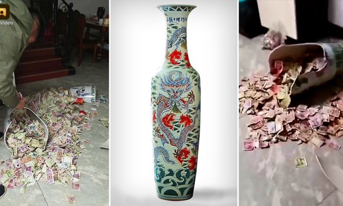 À gauche et à droite :  le vase cassé contenant l'argent en petites coupures -  Au centre : image d'illustration (Shutterstock) 
