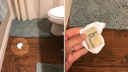 Une mère cache 5 $ sous un morceau de papier sur le sol de la salle de bain pour tester son mari et ses enfants. Devinez qui le ramasse?