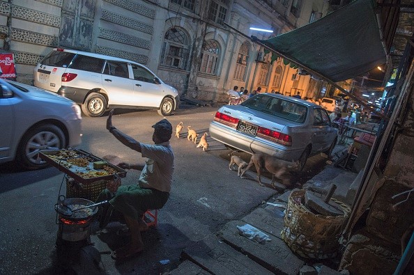 -Sur cette photo prise dans la nuit du 12 mai 2016, un vendeur arrête une voiture tandis qu'un chien avec quatre chiots traverse la rue à Yangon. Photo ROMEO GACAD / AFP / Getty Images.