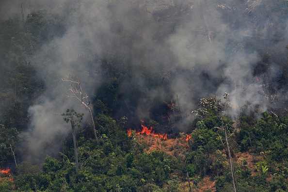 Photo aérienne montrant la fumée d'une étendue de feu longue de deux kilomètres parcourant la forêt amazonienne à environ 65 km de Porto Velho dans le nord du Brésil, le 23 août 2019. Bolsonaro a déclaré vendredi qu'il envisageait de se déployer l'armée qui doit aider à lutter contre les incendies qui font rage dans la forêt amazonienne. (Photo : CARL DE SOUZA/AFP/Getty Images)