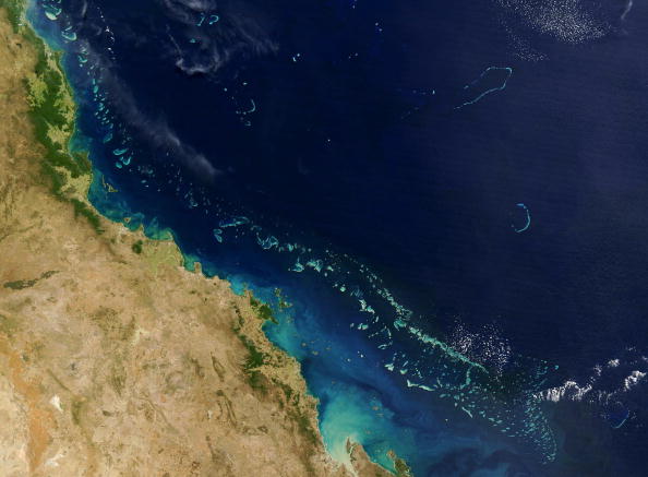 -La grande barrière de corail (bleu clair) vue ici dans cette image satellite de la NASA du 6 août 2004. C’est la plus grande structure d’organismes vivants de la planète. La Grande barrière de corail couvre une superficie de 347 800 km 2 (plus grand que le Royaume-Uni, les Pays-Bas et la Suisse réunis), ce qui en fait le plus grand site classé au patrimoine mondial de région du monde. Photo NASA / HO / AFP / Getty Images.