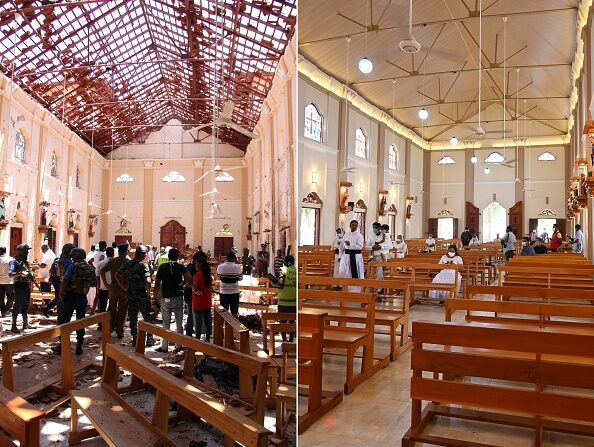 -Nous voyons les intérieurs de l'église Saint-Sébastien d’avant et d’après, à l'occasion du premier anniversaire des attentats du dimanche de Pâques à Negombo le 21 avril 2020. Photo par Lakruwan Wanniarachchi / AFP via Getty Images.