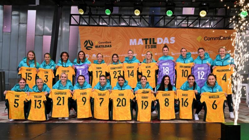 Les membres de l'équipe féminine australienne de football à Melbourne, le 11 juillet 2023. (Photo WILLIAM WEST/AFP via Getty Images)
