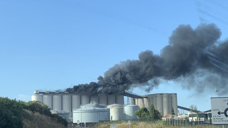 Un « important incendie » sur des silos à grain de la SICA Atlantique ce matin à La Rochelle. (Photo Capture d'écran du twitter @Pierre Louis)