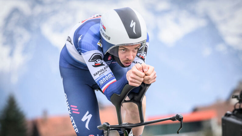Rémi Cavagna, de Soudal-Quick Step, lors de la troisième étape du Tour de Romandie UCI World Tour, contre-la-montre de 18,8 km à et de Chatel-Saint-Denis, le 28 avril 2023. (Photo : GABRIEL MONNET/AFP via Getty Images)