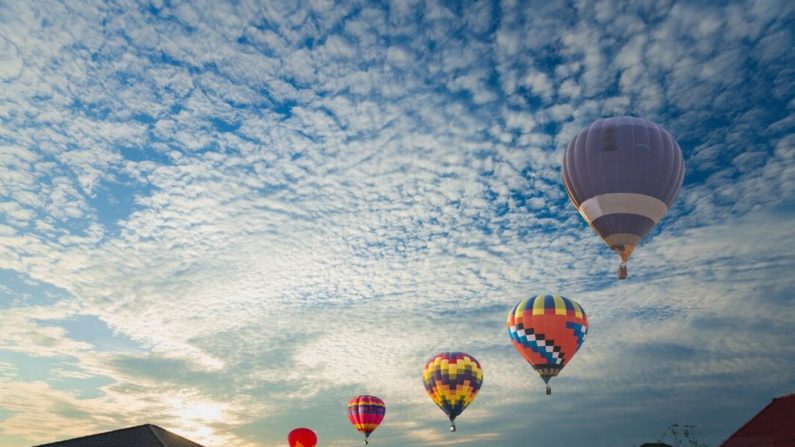 Plusieurs montgolfières flottent dans le ciel au-dessus d'une ville. (Shutterstock/Thitisan)