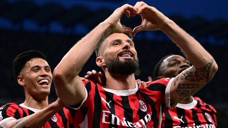 Un but spectaculaire pour ses adieux: Olivier Giroud n'a pas manqué son dernier match avec l'AC Milan dans le Championnat d'Italie samedi à l'occasion de la 38e et dernière journée de la Serie A. (Photo : MARCO BERTORELLO/AFP via Getty Images)