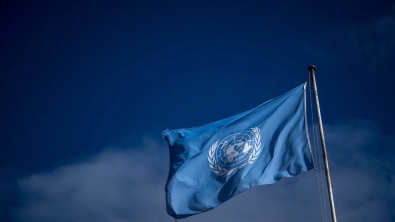 Un drapeau de l'ONU flotte à l'entrée principale du Palais des Nations, qui abrite le bureau des Nations Unies, à Genève, le 20 octobre 2023. (Fabrice Coffrini/AFP via Getty Images)