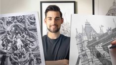 Un artiste en architecture dessine des palais incroyables, le pont de Londres et le Louvre avec une minutie exemplaire