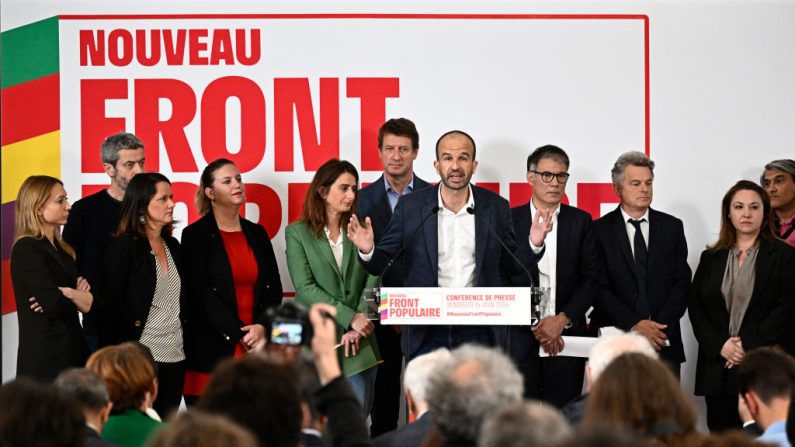 La conférence de presse du Nouveau Front populaire, le 14 juin à la maison de la Chimie à Paris (JULIEN DE ROSA/AFP via Getty Images)
