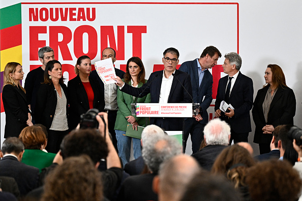 Le programme du nouveau pacte électoral "Nouveau Front Populaire" entre les partis de gauche, à la Maison de la Chimie, à Paris, le 14 juin 2024. (JULIEN DE ROSA/AFP via Getty Images)