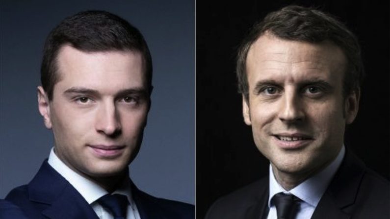 Combinaison de portraits de Jordan Bardella (à g.) et Emmanuel Macron (à dr.). (Photo JOEL SAGETERIC FEFERBERG/AFP via Getty Images)