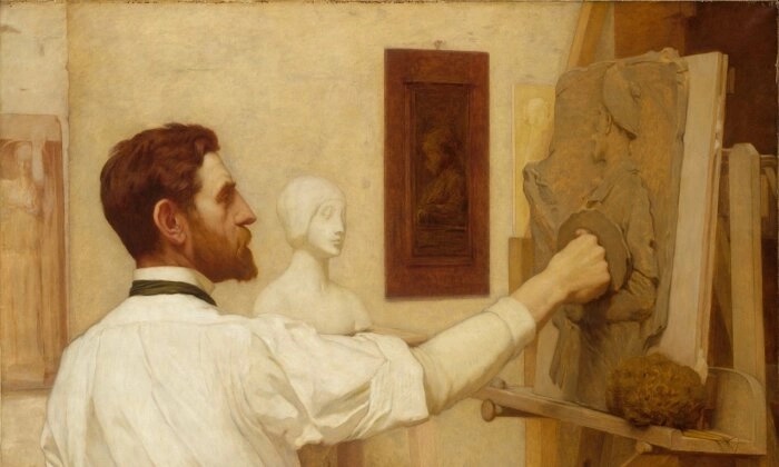 Augustus Saint-Gaudens travaillant dans son atelier, 1908, par Kenyon Cox. Metropolitan Museum of Art, New York City. (Domaine public)
