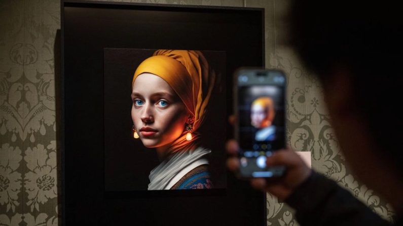 Un visiteur prend une photo avec son téléphone portable d'une image conçue avec une intelligence artificielle par le créateur numérique berlinois Julian van Dieken (C) inspirée par le tableau de Johannes Vermeer "La jeune fille à la perle" au musée Mauritshuis à La Haye, le 9 mars 2023. (Simon Wohlfahrt/AFP via Getty Images)