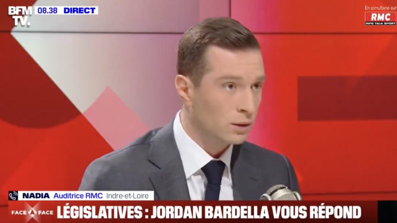 Jordan Bardella, invité du Face à Face sur RMC BFM TV, vendredi 14 juin 2024. (Capture d'écran RMC-BFM TV)
