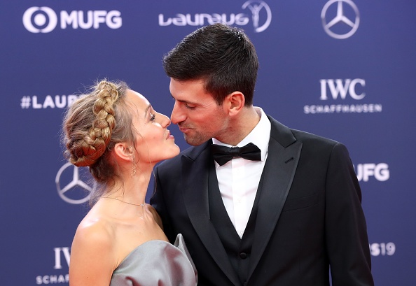 Le joueur de tennis serbe Novak Djokovic avec sa femme Jelena, à Monaco, le 18 février 2019.   (VALERY HACHE/AFP via Getty Images)