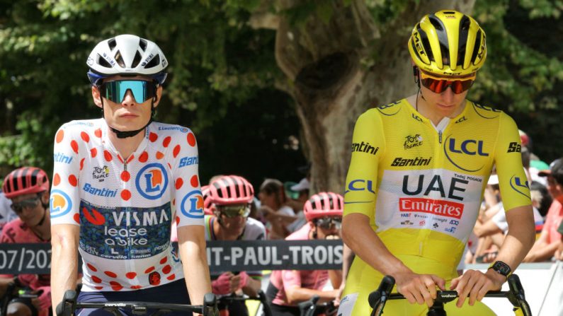 Les performances de Jonas Vingegaard et surtout Tadej Pogacar, engagés dans un duel exclusif sur le Tour de France, ramènent, comme l'année dernière, un vent de suspicion dans un sport longtemps gangréné par les affaires de dopage. (Photo : THOMAS SAMSON/AFP via Getty Images)