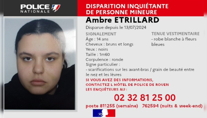 Ambre, 14 ans, a disparu depuis le 13 juillet 2024 de son foyer à Canteleu (Seine-Maritime). (Image : Police nationale)