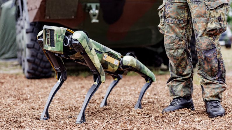 Un chien robot multifonctionnel des forces armées allemandes (Bundeswehr) appelé « Wolfgang » lors de sa présentation par le ministre allemand de la défense, le 11 juillet 2022 (AXEL HEIMKEN/AFP via Getty Images)