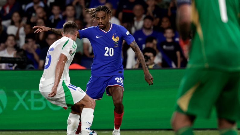 Bradley Barcola a marqué contre l'Italie le but le plus rapide de l'histoire de l'équipe de France, au bout de treize secondes, vendredi au Parc des princes pour la Ligue des nations. (Photo : STEPHANE DE SAKUTIN/AFP via Getty Images)