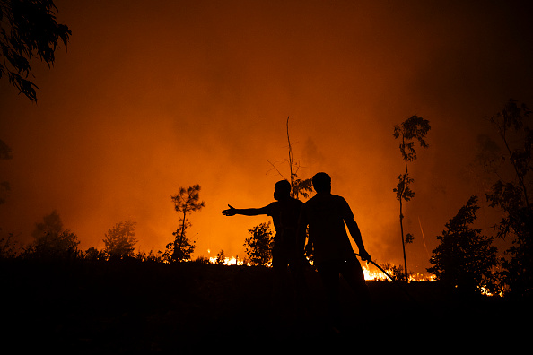 Deux hommes s'attaquent à un feu de forêt à l'approche du village de Veiga à Agueda, Aveiro, le 17 septembre 2024. (Photo PATRICIA DE MELO MOREIRA/AFP via Getty Images)