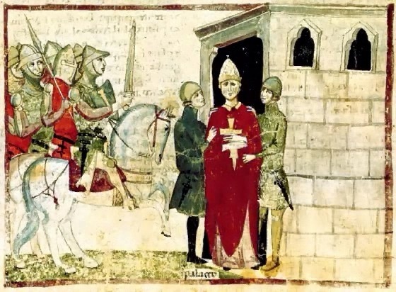 Représentation de l'arrestation du pape Boniface VIII à Anagni, près de Rome, en 1303. (Domaine public)